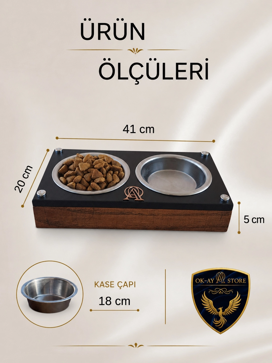 (LARGE) Şık ve Dayanıklı Ahşap Kedi Köpek Mama Standı – Kedi ve Köpekler İçin Çelik Kaseli