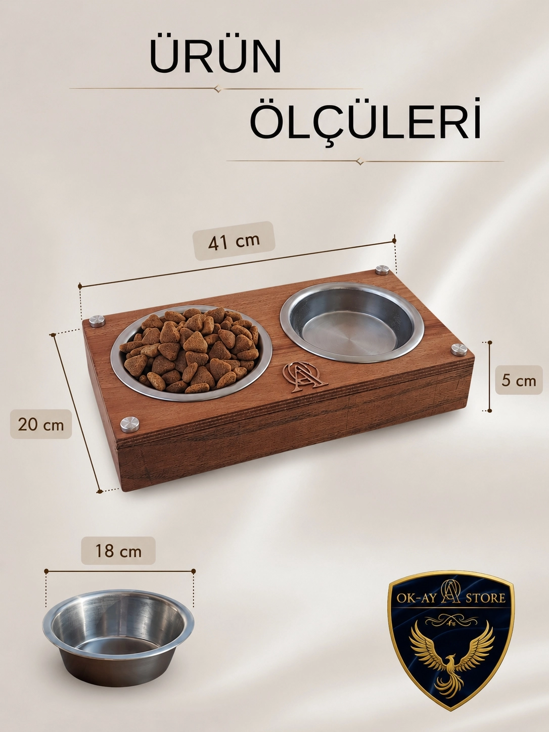 (LARGE) Doğal Ahşap Mama Standı – Kedi ve Köpekler İçin Paslanmaz Çelik Mama & Su Kabı