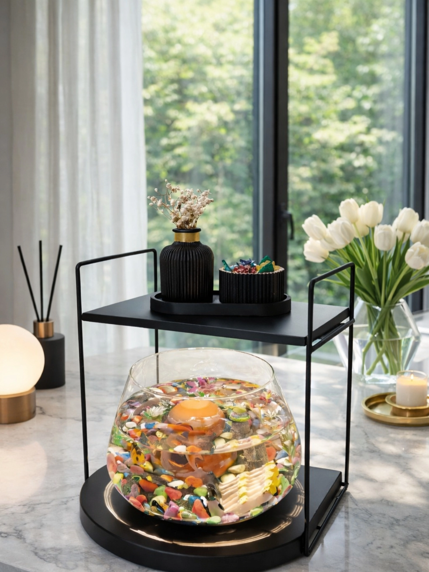 Lüks Cam Fanus İçinde Beta Balığı İçin Özel Tasarım Masa Üstü Dekoratif Akvaryum