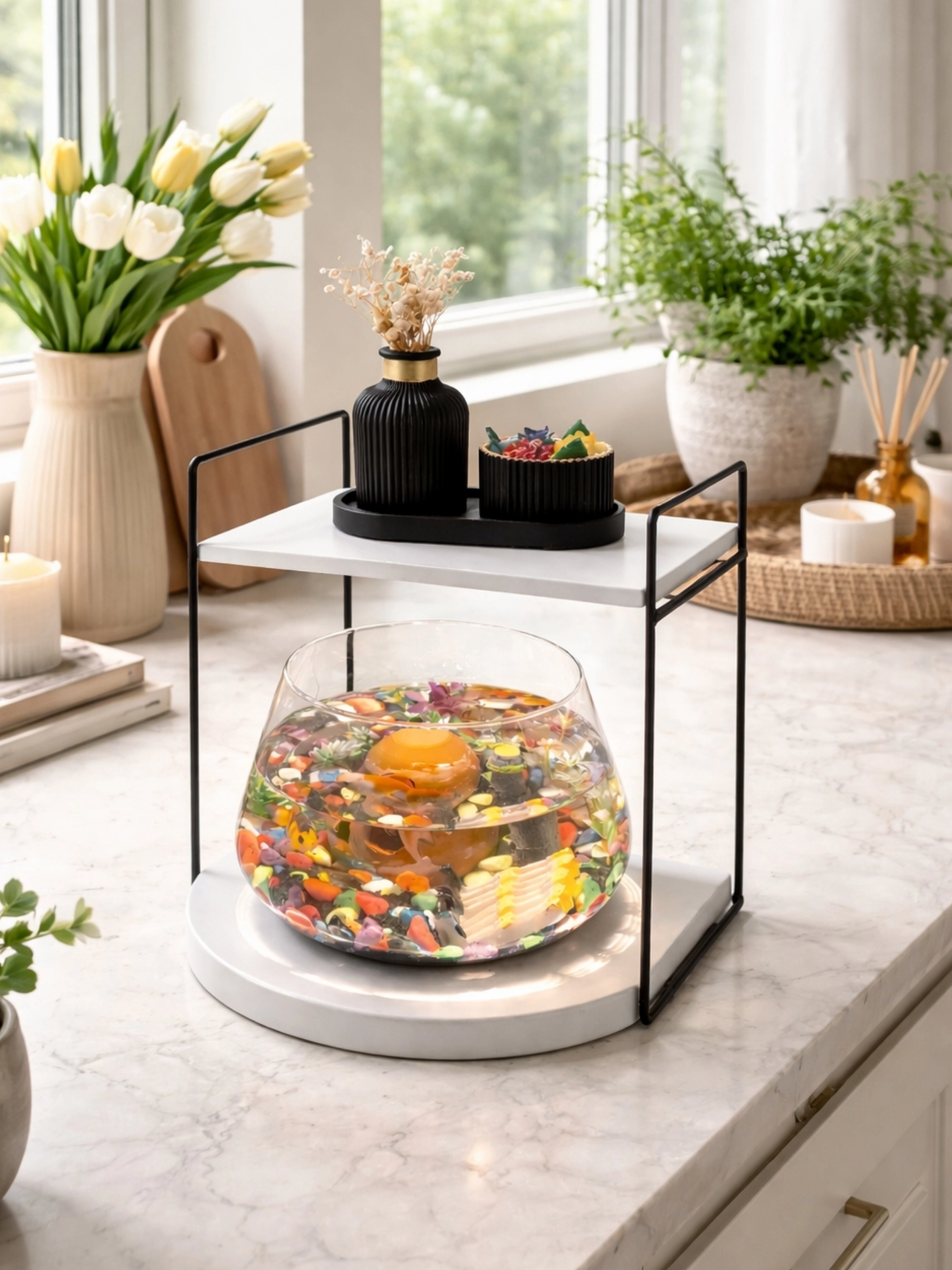 Zarif ve Premium Cam Fanus İçinde Beta Balığı Akvaryum & Fanus Standı