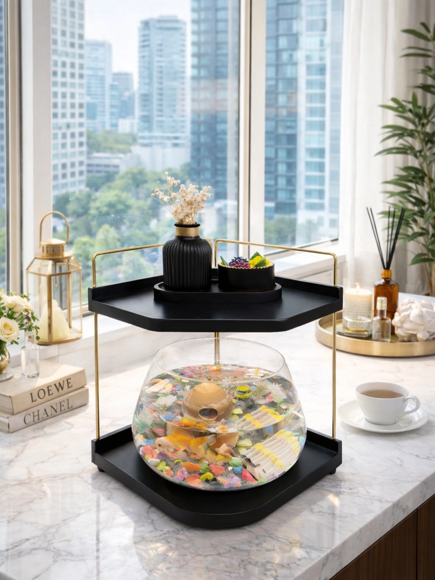 Led Işıklı Beta Akvaryumu & Fanusu, Dekoratif Masaüstü Cam Balık Fanusu Modern Tasarım