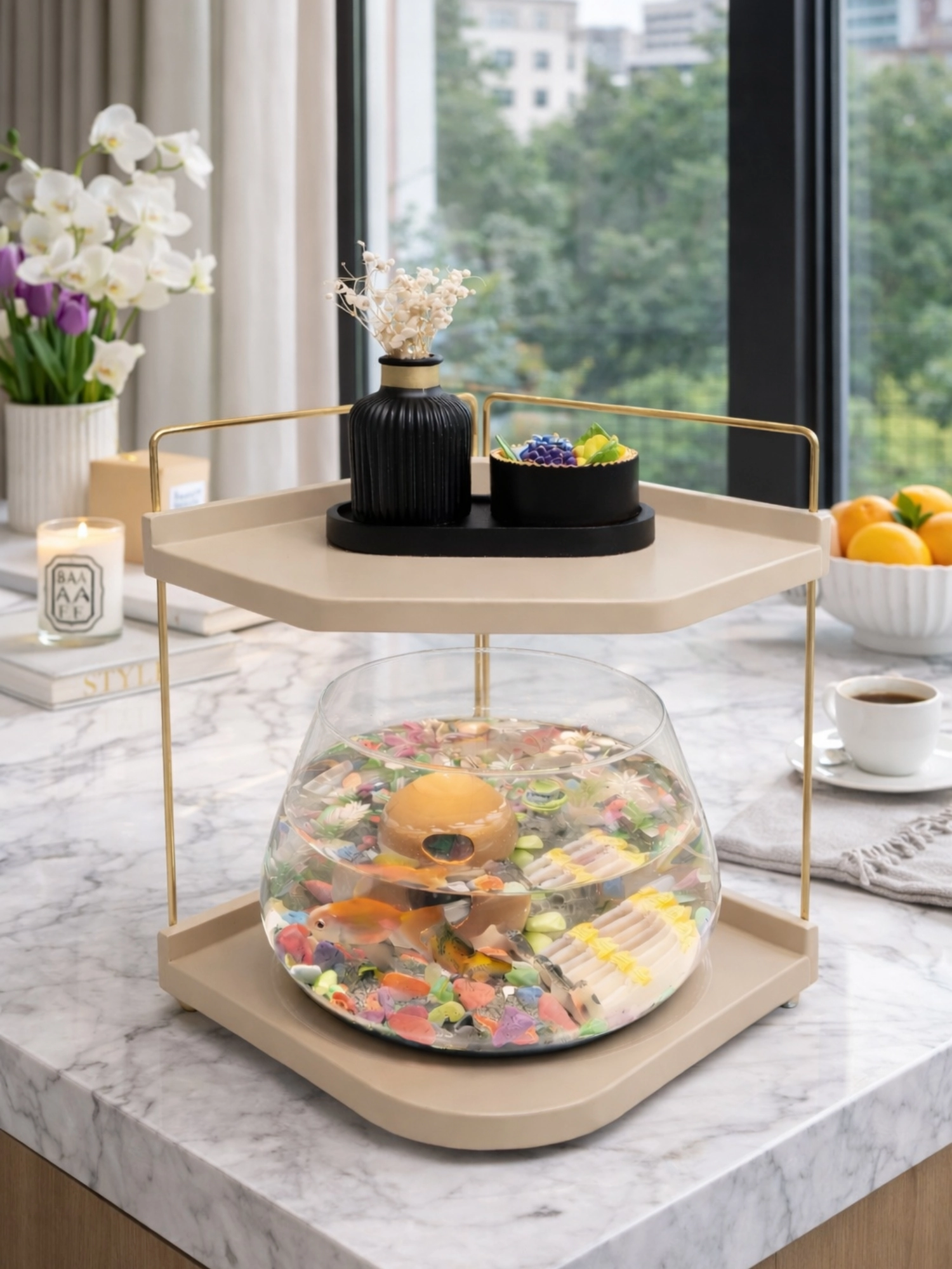 Beta Balıkları İçin Led Işıklı Dekoratif Akvaryum Fanusu Cam Tasarım