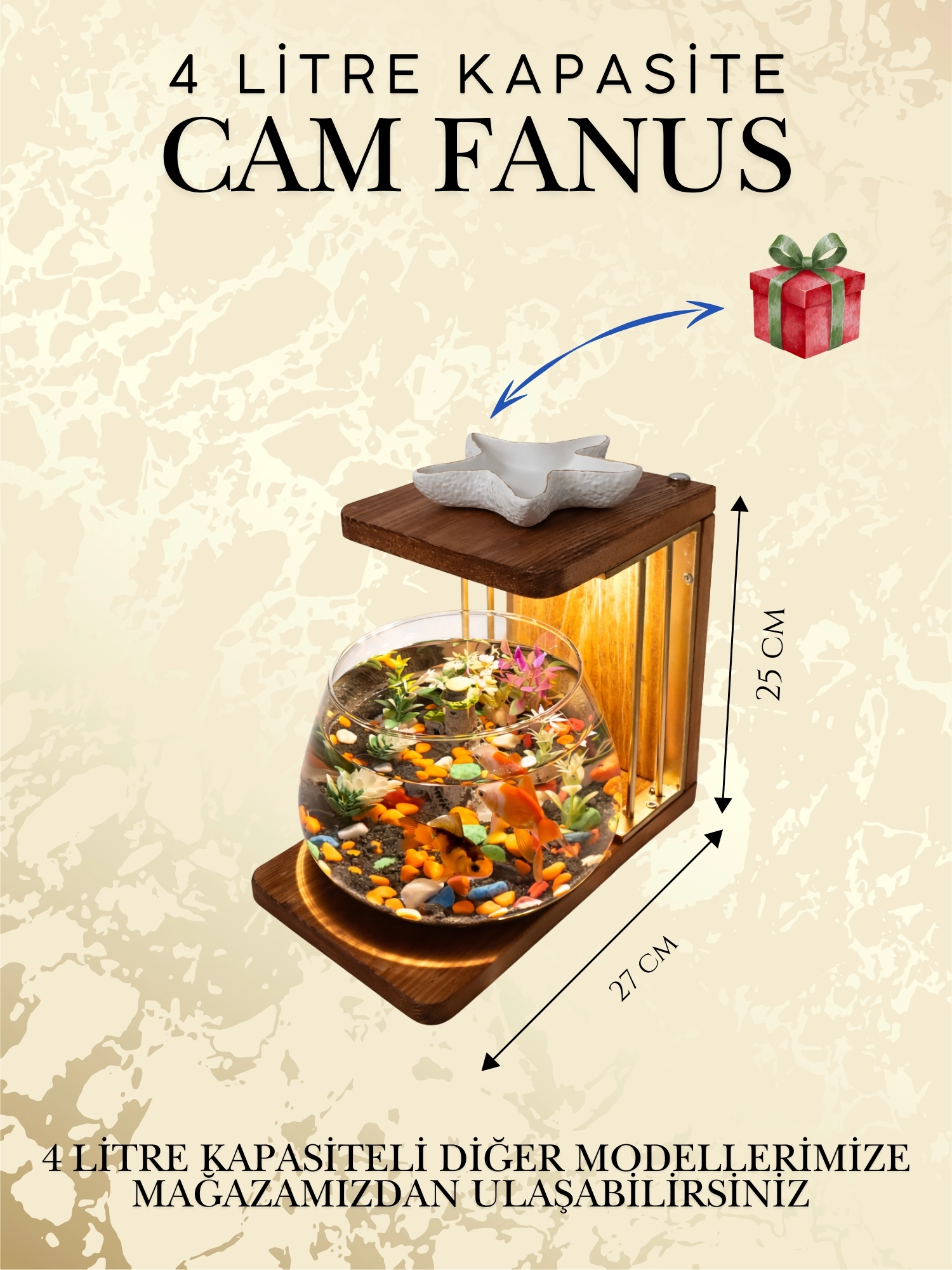 Beta Akvaryum Exclusive Cam Fanus – Işıklı, Modern ve Lüks Masa Üstü Aksesuar