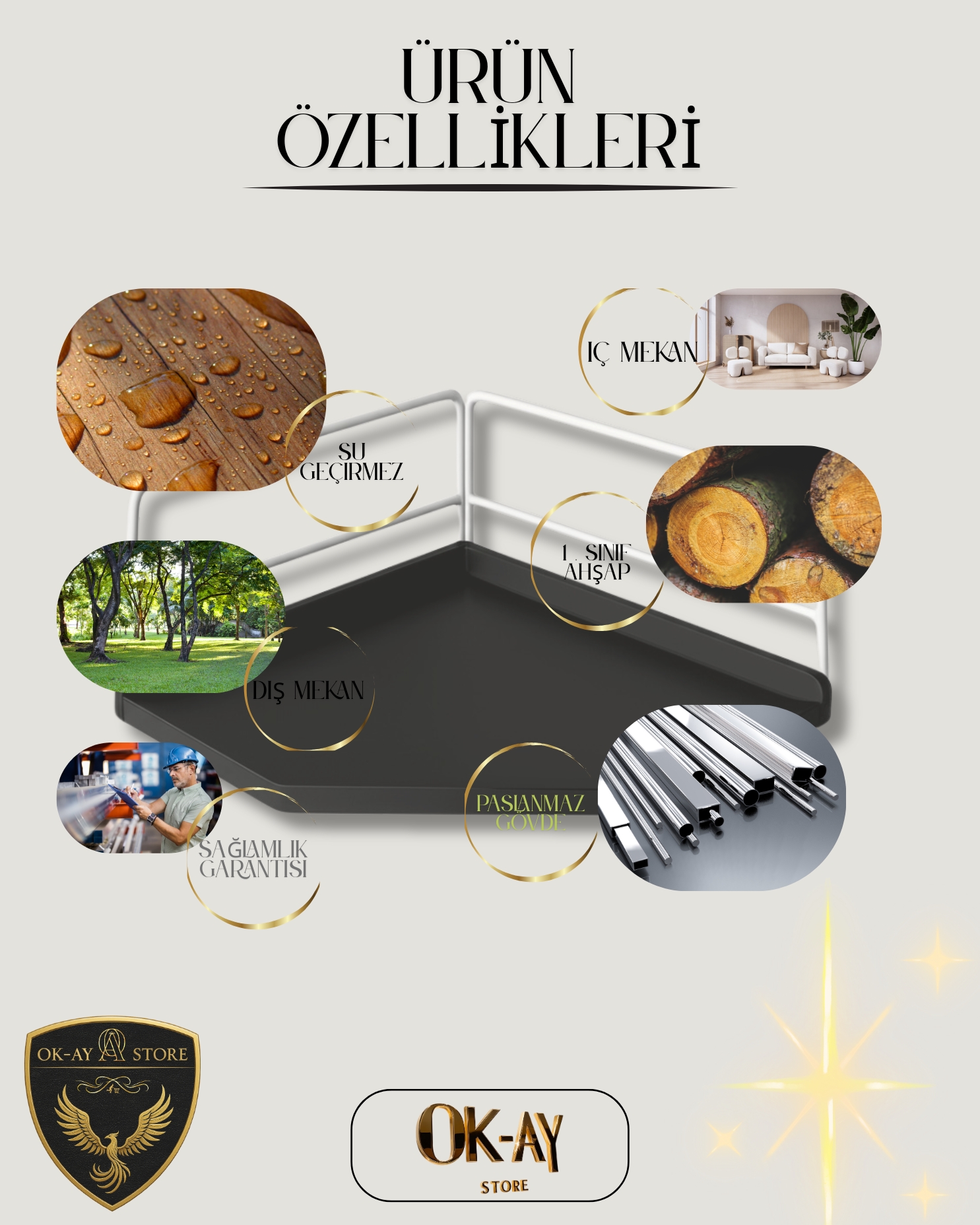 Dekoratif Ahşap Organizer | Paslanmaz Çelik Organizer – Mutfak, Banyo, Salon, Çalışma Masası