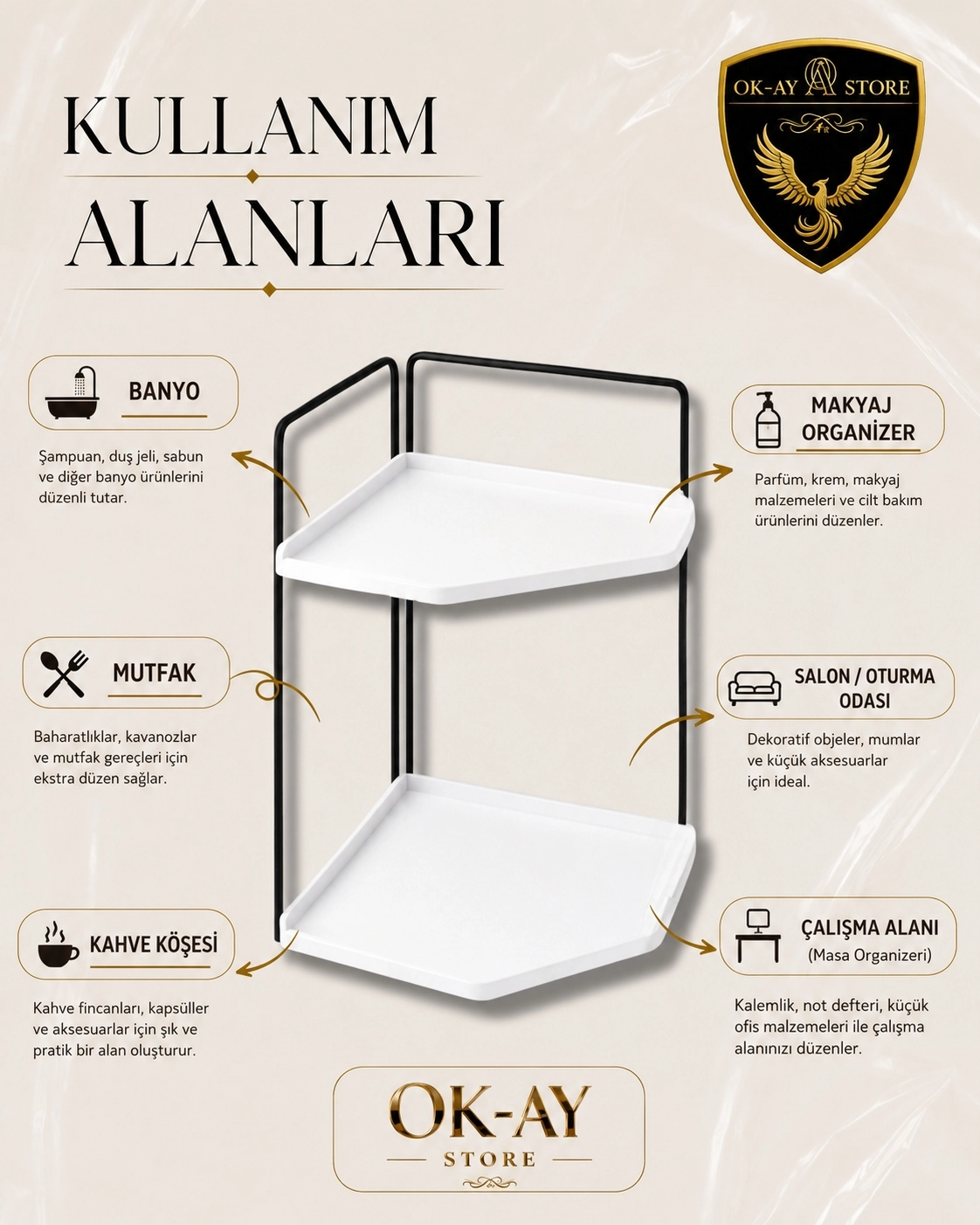 Banyo Rafı Çok Amaçlı Düzenleyici Tezgah Üstü Dekoratif 2 Katlı Raf 
