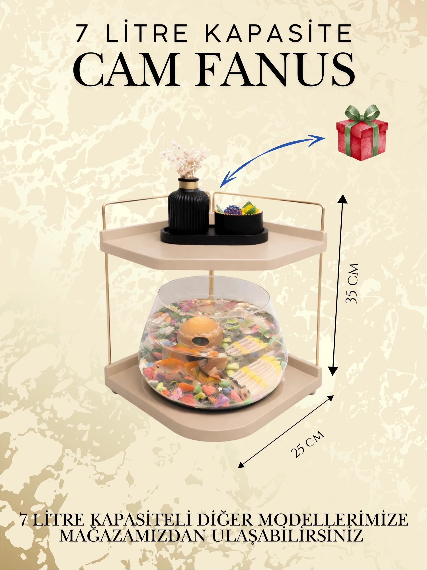 Beta Balıkları İçin Led Işıklı Dekoratif Akvaryum Fanusu Cam Tasarım