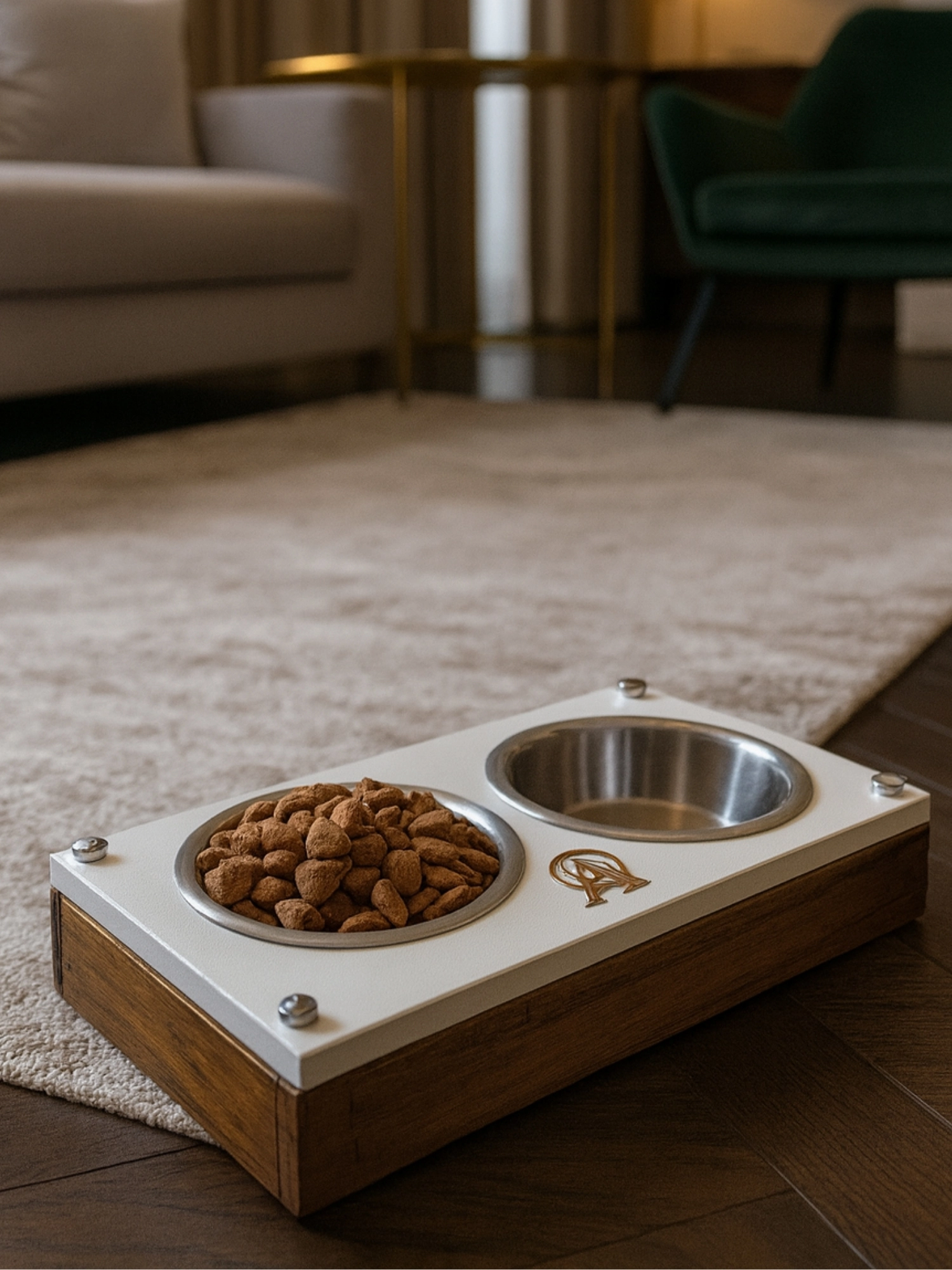 (LARGE) Modern Ahşap Kedi & Köpek Mama ve Su Kabı – Paslanmaz Çelik, Sabit ve Kaymaz Ayak