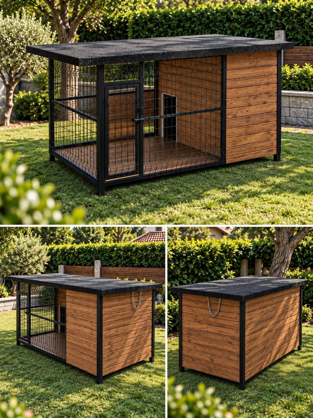 Köpek Kulübesi Doğal Ahşap Metal Çitli Çatılı Bahçe Yaşam Alanı MNK 4610 Mini 