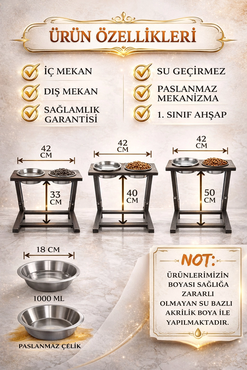 Büyük ve Orta Boy Köpekler İçin Ayarlanabilir 3 Yükseklikli Paslanmaz Çelik Mama ve Su Kabı Standı
