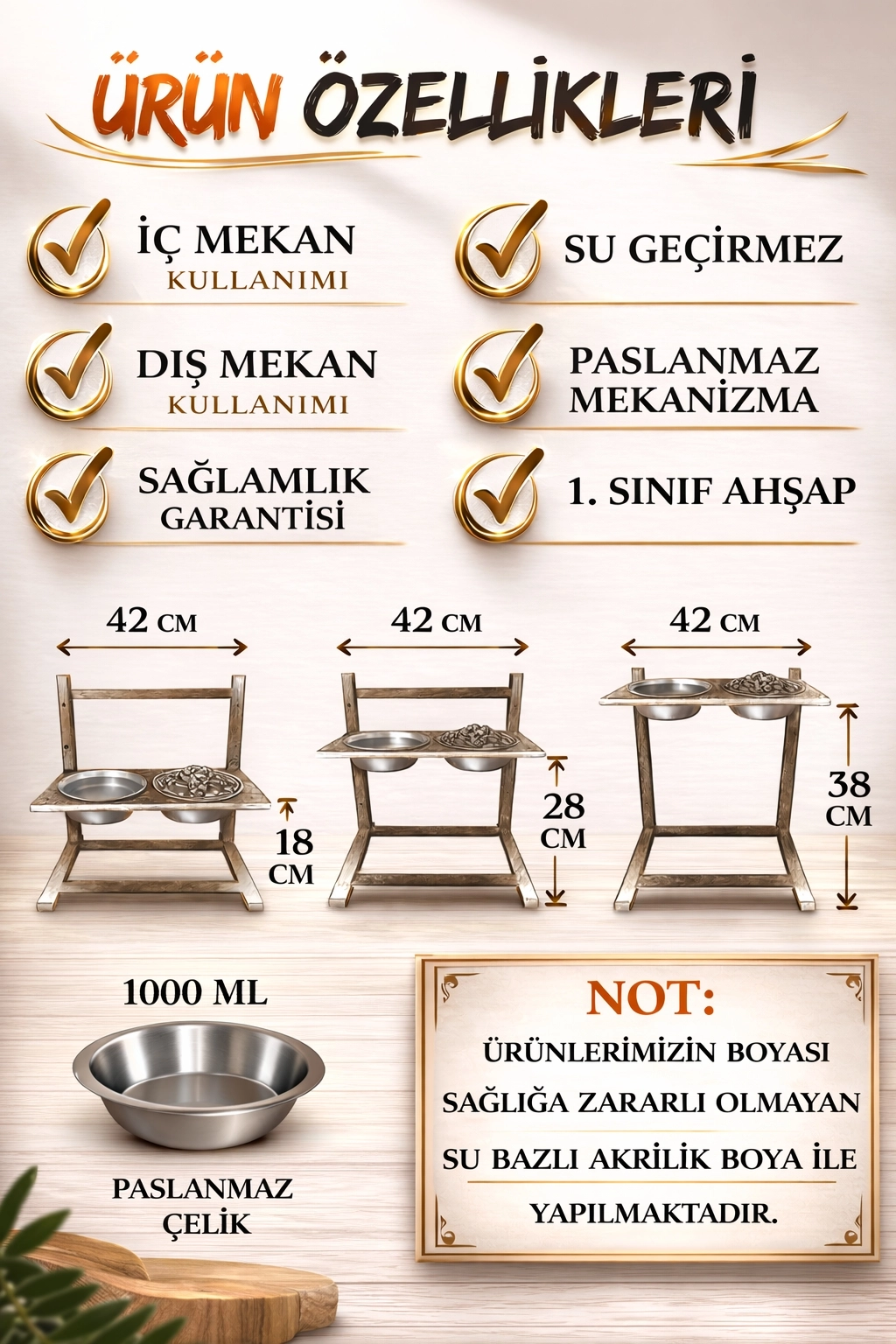 Büyük ve Orta Boy Köpekler İçin Ayarlanabilir 3 Yükseklikli Paslanmaz Çelik Mama ve Su Kabı Standı