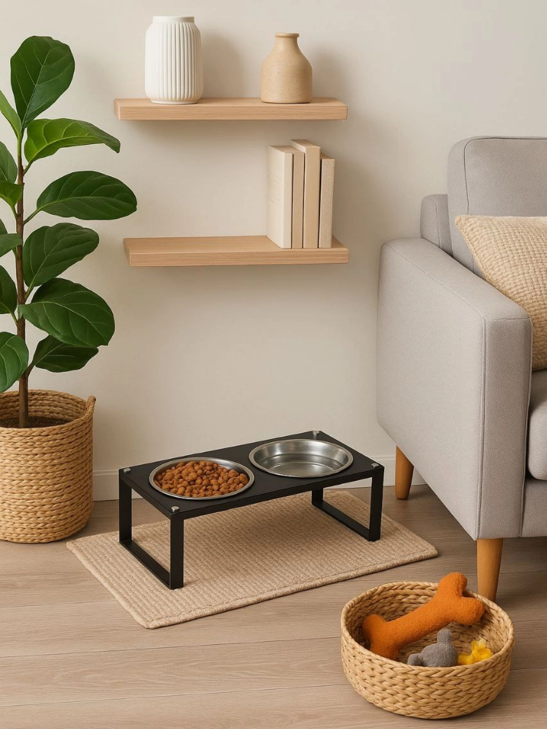 %10 Eğimli XL Model Mama ve Su Standı | Sağlam Metal ve Ahşap Gövde, Paslanmaz Çelik Kaplar