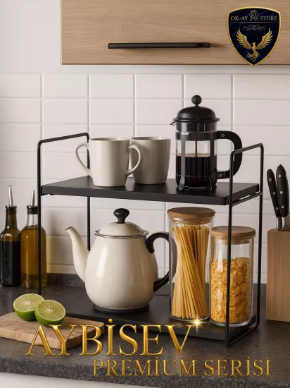 Aybisev Premium Serisi Çok Amaçlı 2 Katlı Raf – Metal Ahşap Kombinasyonu