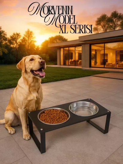 %10 Eğimli XL Model Mama ve Su Standı | Sağlam Metal ve Ahşap Gövde, Paslanmaz Çelik Kaplar