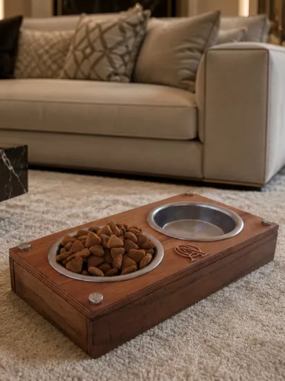 (LARGE) Doğal Ahşap Mama Standı – Kedi ve Köpekler İçin Paslanmaz Çelik Mama & Su Kabı