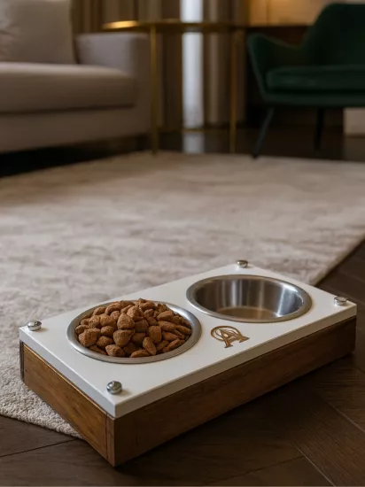 (LARGE) Modern Ahşap Kedi & Köpek Mama ve Su Kabı – Paslanmaz Çelik, Sabit ve Kaymaz Ayak