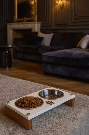 Kedi Köpek Mama ve Su Kabı Standı – Ahşap Gövde, Paslanmaz Çelik Kaseli, Kaymaz Tabanlı