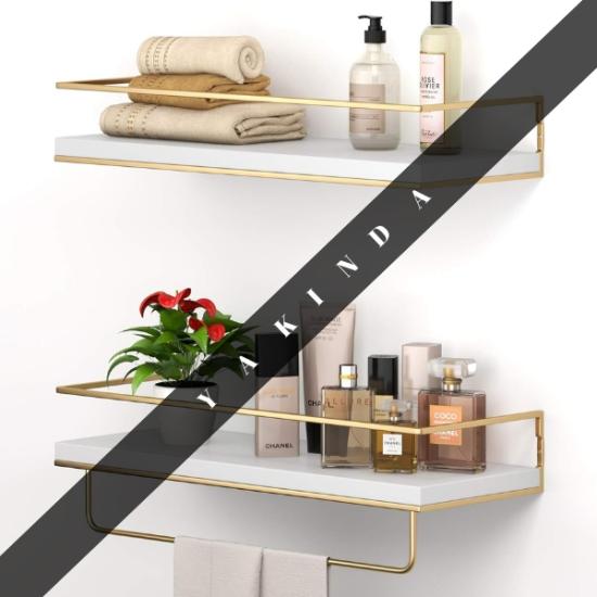 2’li Set, Altın Havlu Askısı ile Duvara Monte Asılı Raflar
