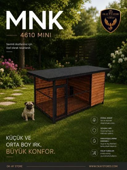 Mini Köpek Kulübesi Doğal Ahşap Metal Çitli Çatılı Bahçe Yaşam Alanı MNK 4610 Mini 