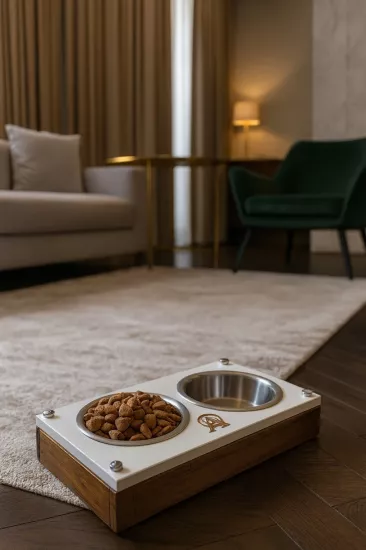 Modern Ahşap Kedi & Köpek Mama ve Su Kabı – Paslanmaz Çelik, Sabit ve Kaymaz Ayak