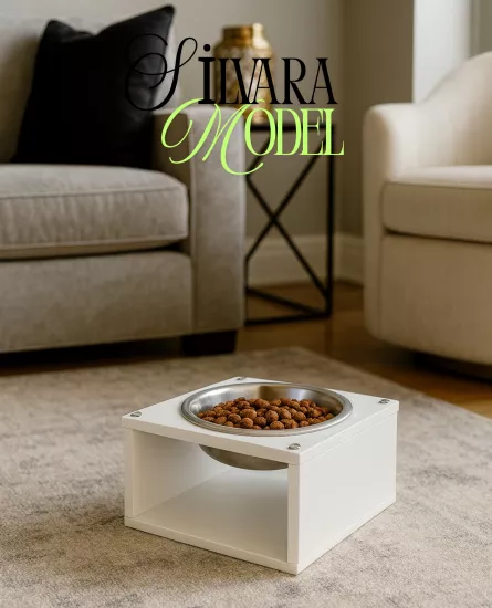 Modern Kedi Köpek Mama Standı Ahşap Gövde – Paslanmaz Çelik Kaseli Mama ve Su Standı Silvara Model
