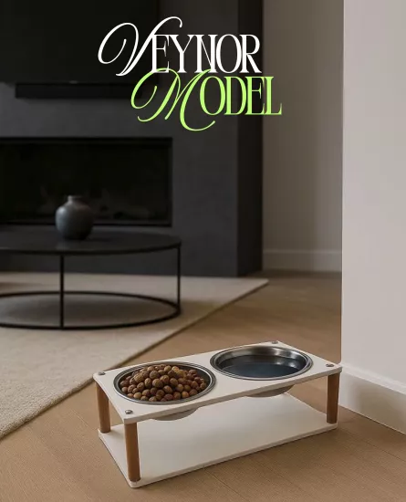  Modern Ahşap Demonte Kedi Köpek Mama Standı – 2’li Paslanmaz Çelik Kaseli Mama ve Su Standı