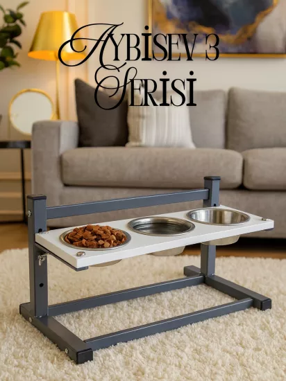 Kedi-Köpek Standı Ayarlanabilir 3 Yükseklik 2 Paslanmaz Çelik Mama Su Kabı Kedi-Köpek Kasesi Standı