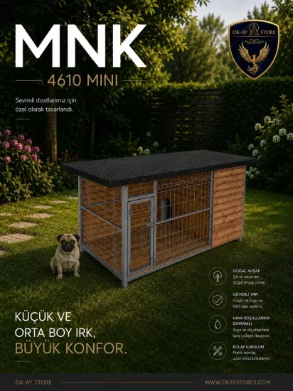 Mini Köpek Kulübesi Doğal Ahşap Metal Çitli Çatılı Bahçe Yaşam Alanı MNK 4610 Mini 