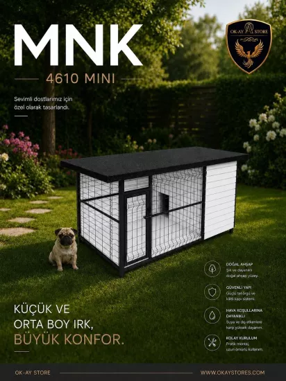 Mini Köpek Kulübesi Doğal Ahşap Metal Çitli Çatılı Bahçe Yaşam Alanı MNK 4610 Mini 
