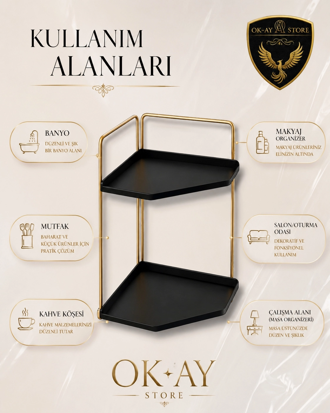 Banyo Rafı Çok Amaçlı Düzenleyici Tezgah Üstü Dekoratif 2 Katlı Raf 