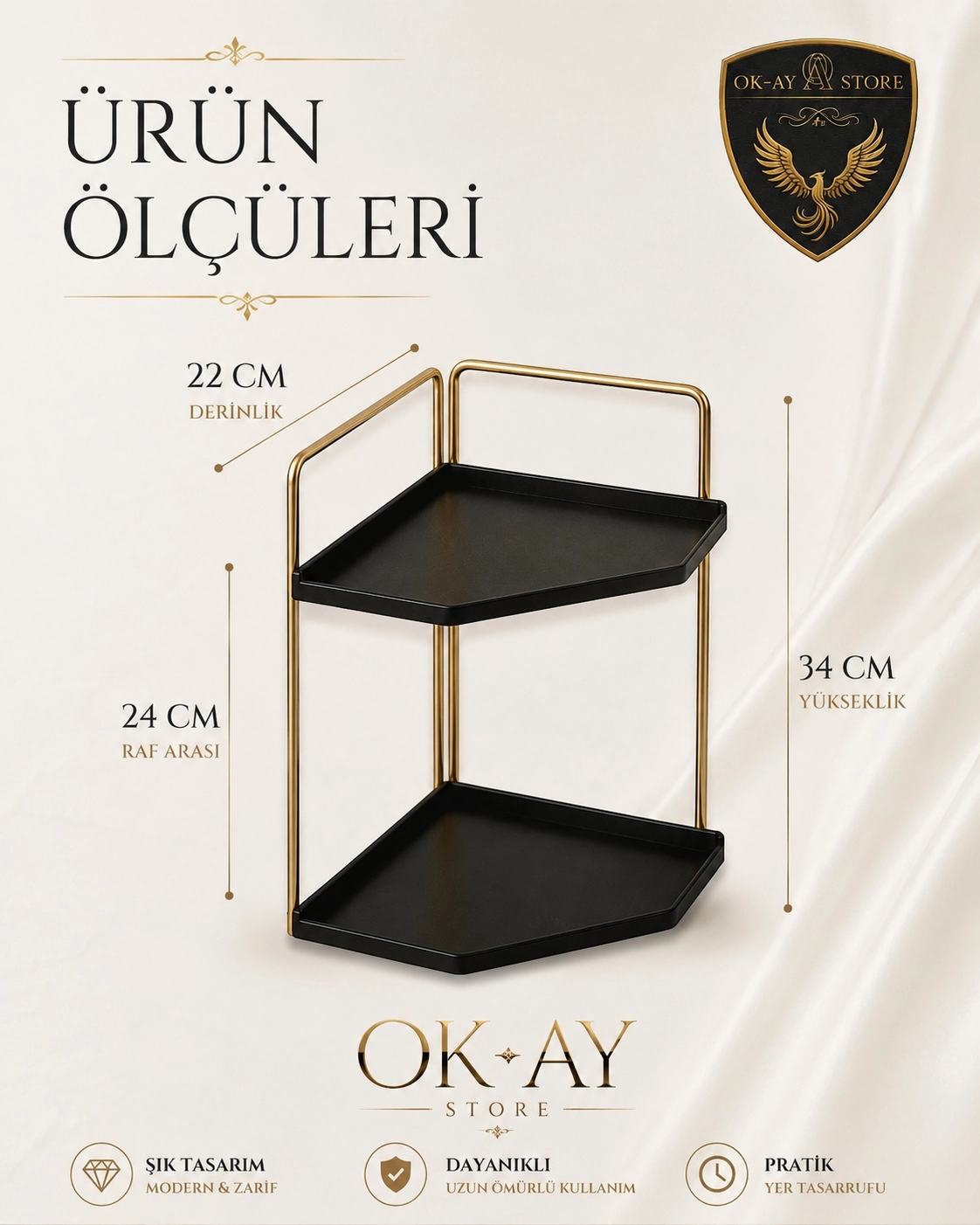 Banyo Rafı Çok Amaçlı Düzenleyici Tezgah Üstü Dekoratif 2 Katlı Raf 