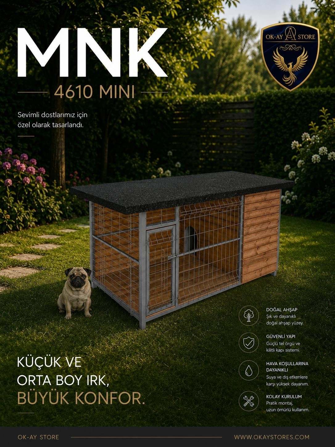 Köpek Kulübesi Doğal Ahşap Metal Çitli Çatılı Bahçe Yaşam Alanı MNK 4610 Mini 