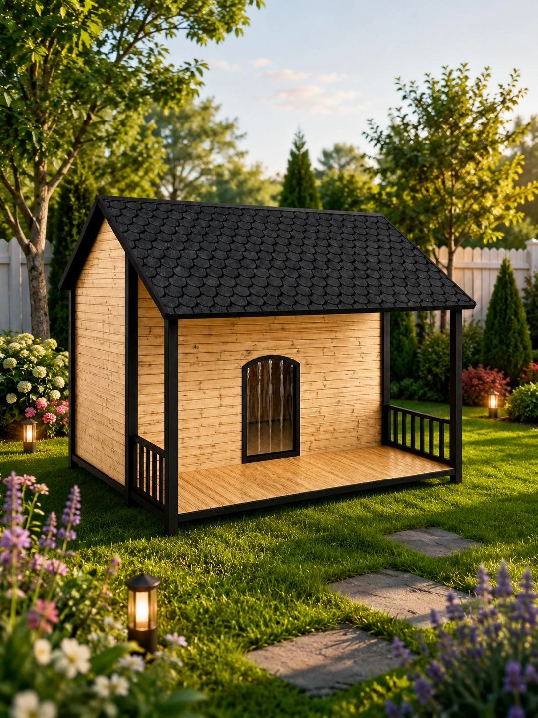 Verandalı Ahşap Köpek Kulübesi Su Geçirmez Büyük Irk Bahçe Köpek Evi Modern Tasarım