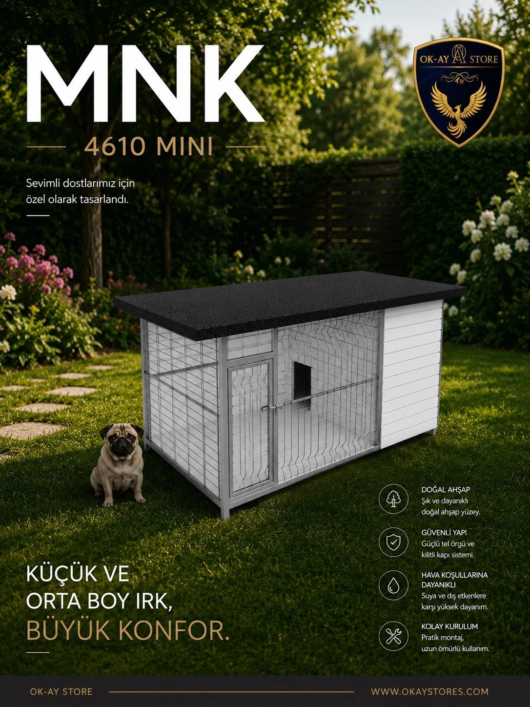 Mini Köpek Kulübesi Doğal Ahşap Metal Çitli Çatılı Bahçe Yaşam Alanı MNK 4610
