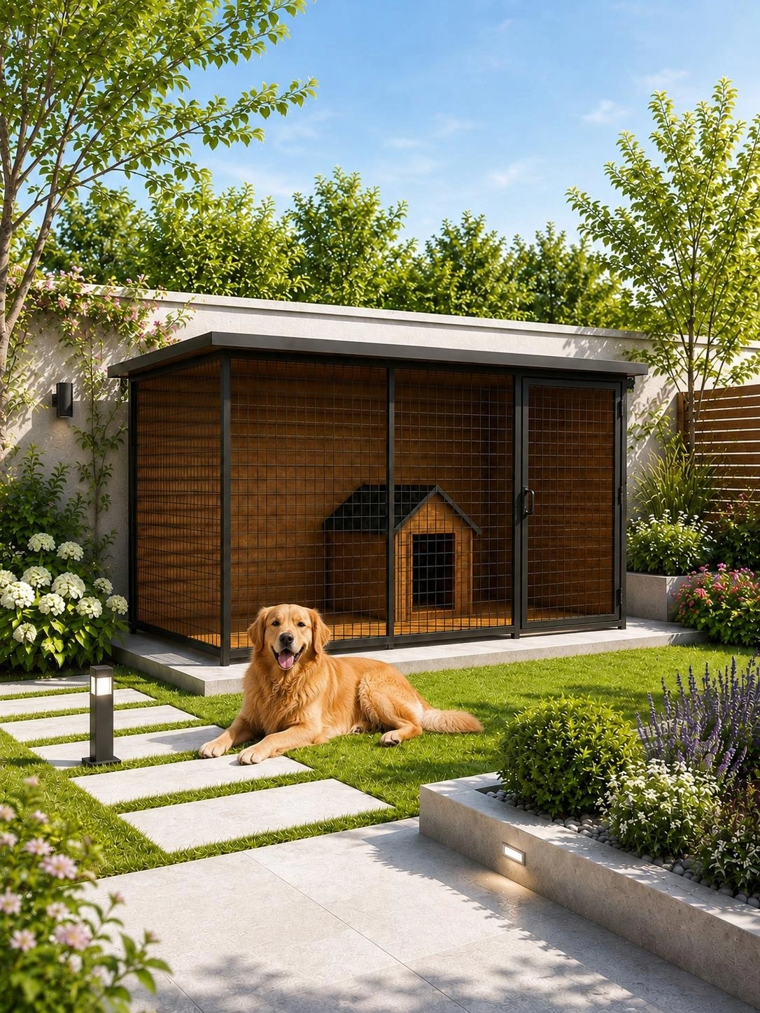 Modern Ahşap Köpek Kulübesi Geniş Verandalı Bahçe Köpek Evi Dört Mevsim Kullanım